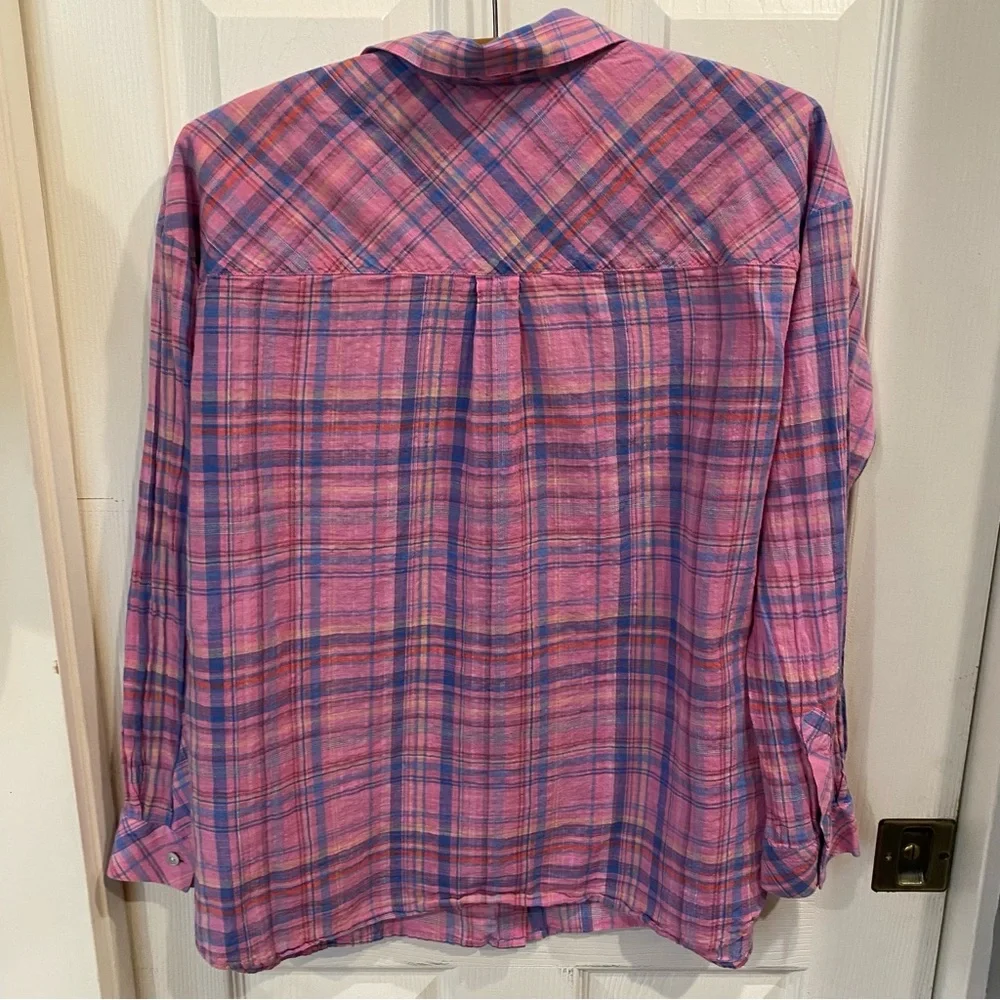 J Jill Two Piece Set Pink Plaid Button Up Top Linen Pull On Wide Leg Pants S